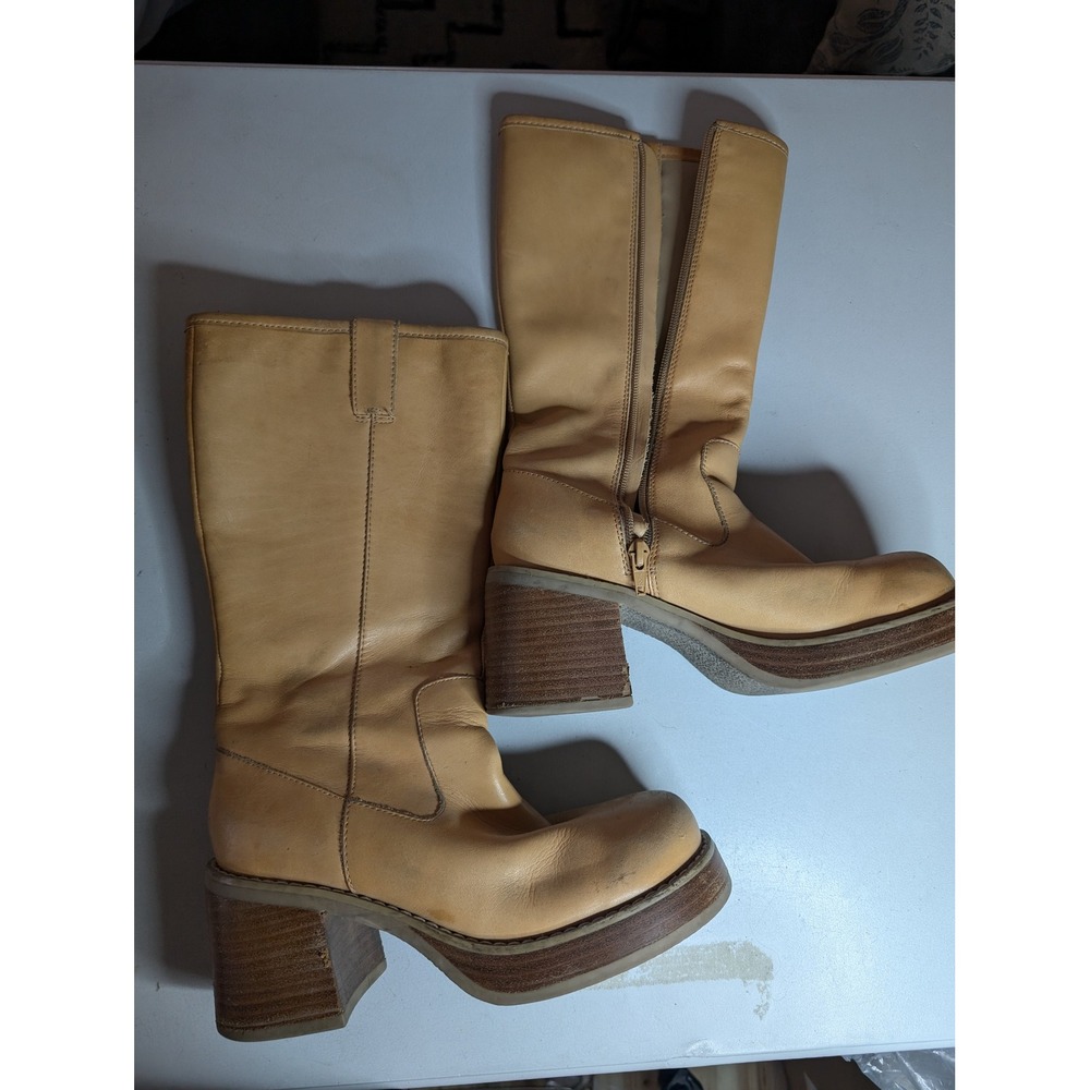 Vintage Candies Tan Leather Platform Boots Chunky Block Heel 90s Y2K 7.5M